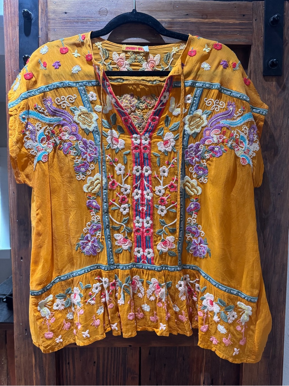 Johnny Was Embroidered Mustard Floral Peasant Top